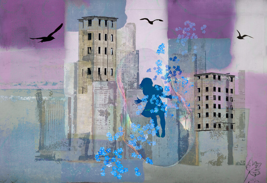 Girl floating in a bubble over her city
