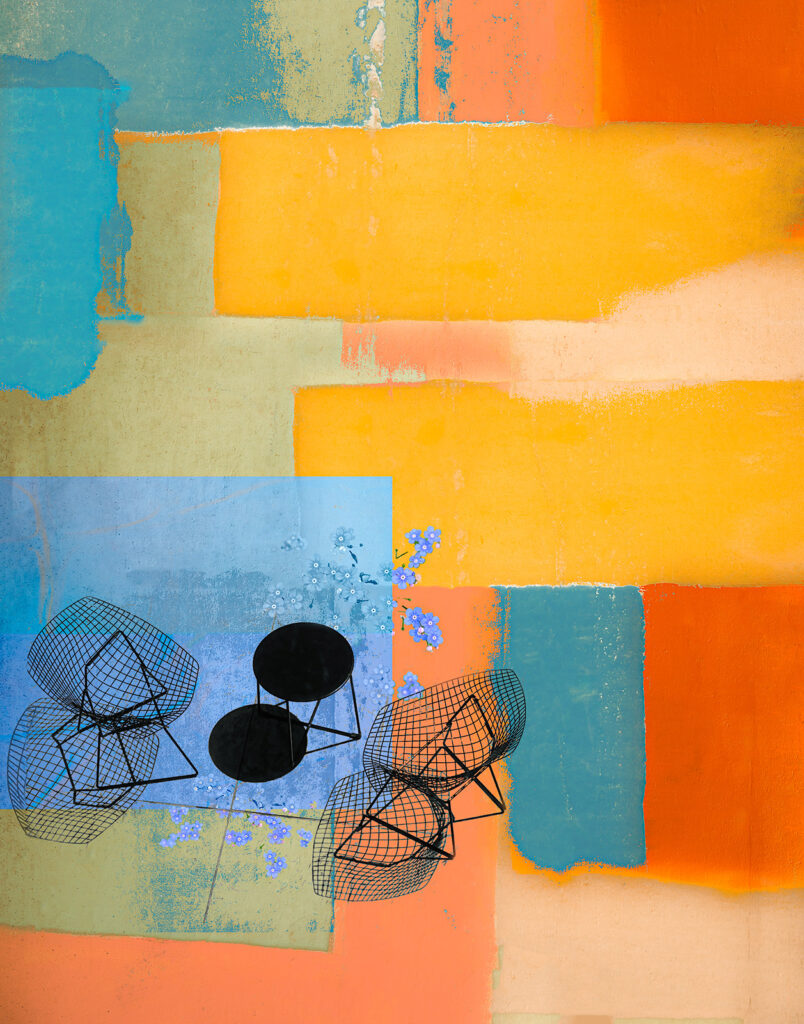 Abstract colorful scene with table and chairs