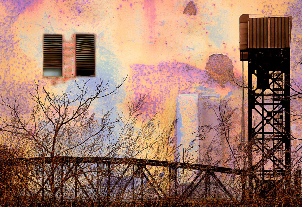 Abstract iron bridge with dusk colors behind it