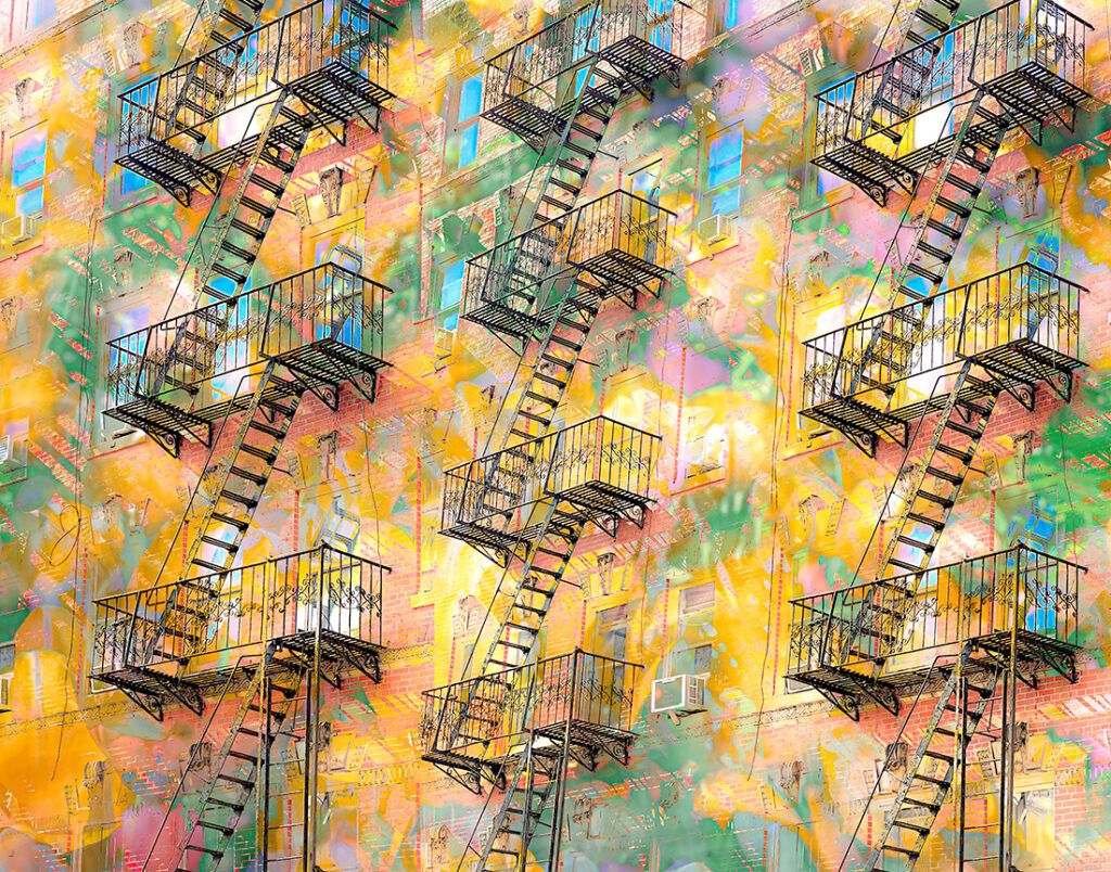 Fire Escapes with bright floral background