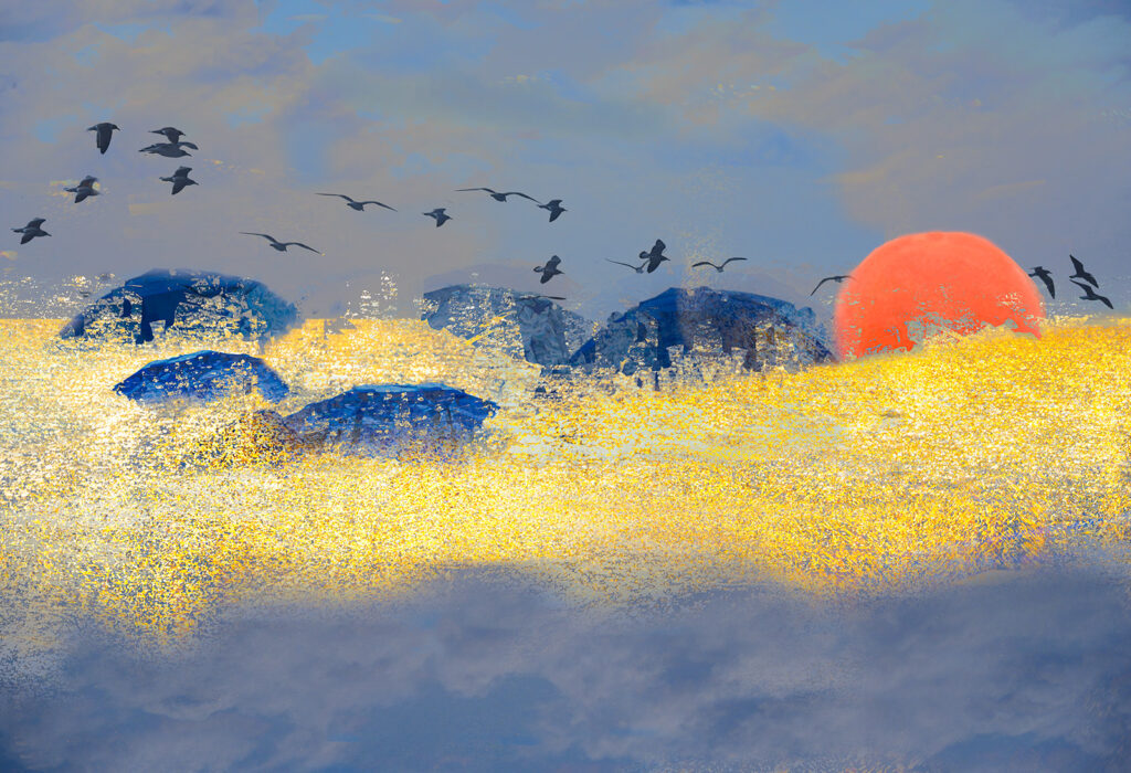 Beach scene with umbrellas and sunrise