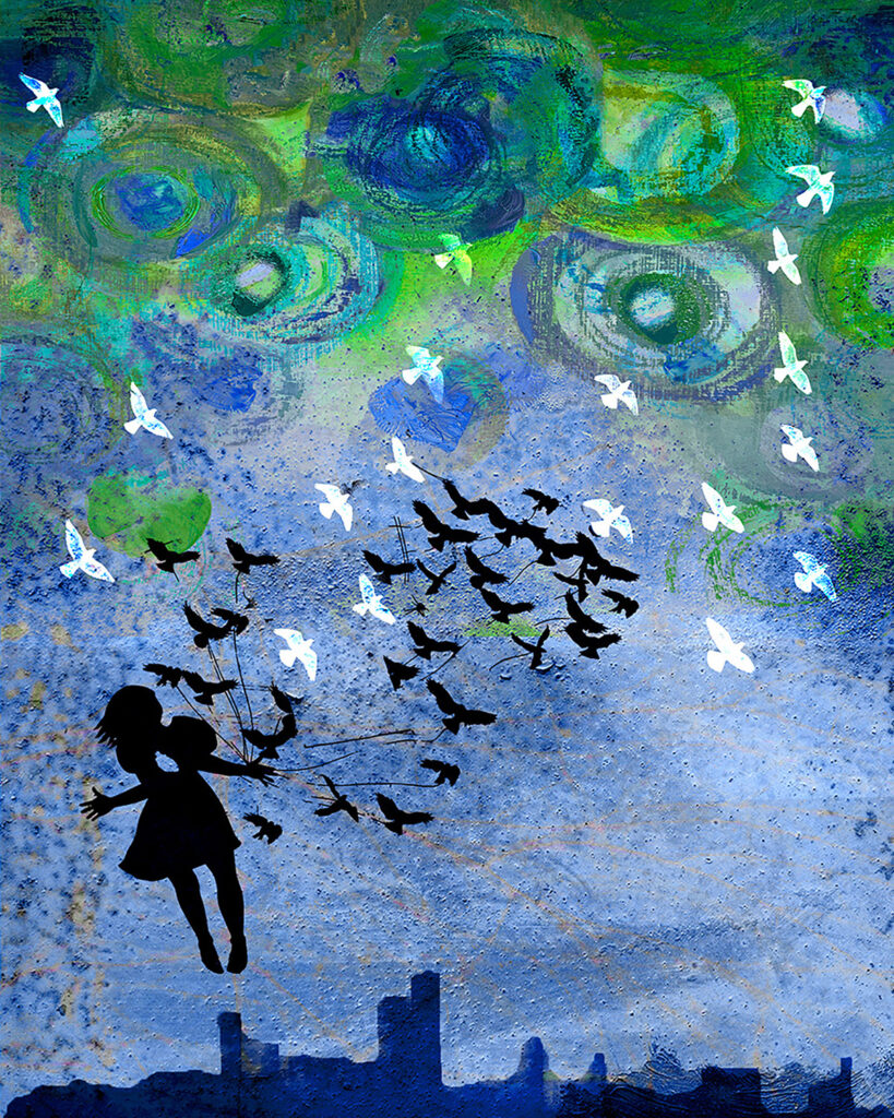 Girl floating with birds and sky